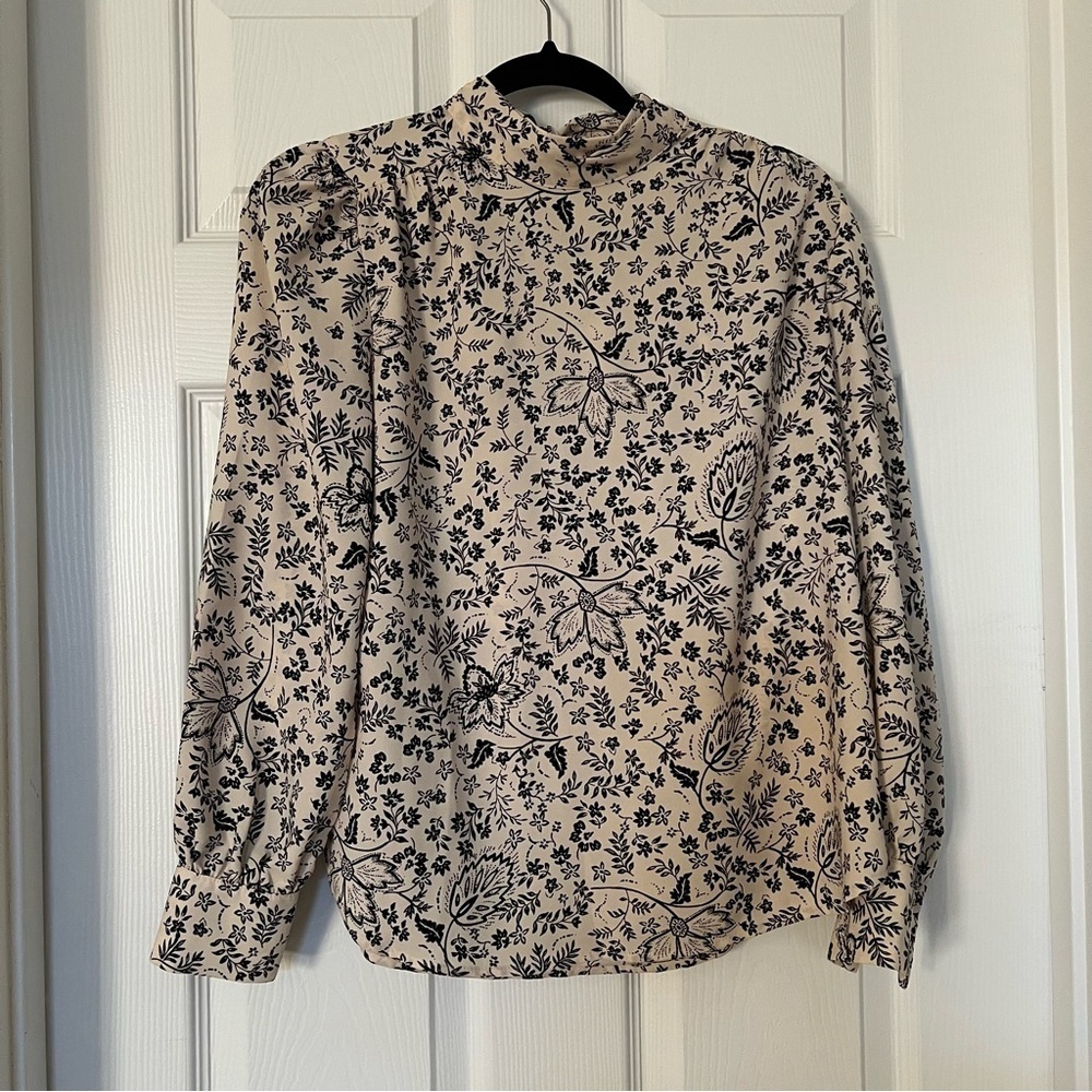 LOFT Cream and Black Floral Print Blouse
